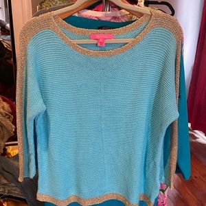 Cotton knit sweater with gold trim